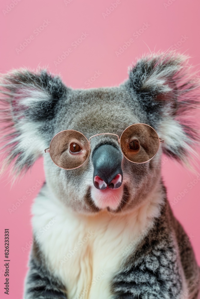 Cute funny animal koala in glasses on bright background, optics, funny poster, vision correction
