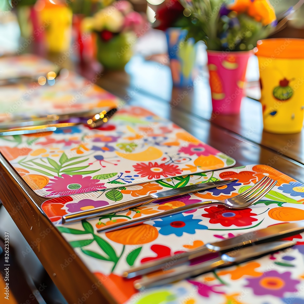 Fototapeta premium Colorful floral table setting with placemats, silverware and flowers.