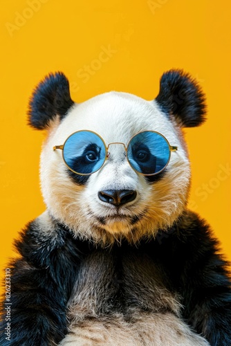 Cute funny animal panda in glasses on bright background, optics, funny poster, vision correction
