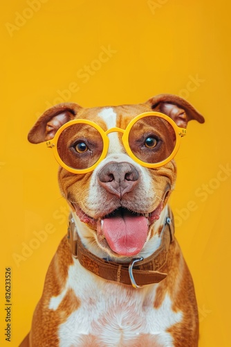 Cute funny pet dog in round glasses on bright background, optics, funny poster, vision correction © Olga