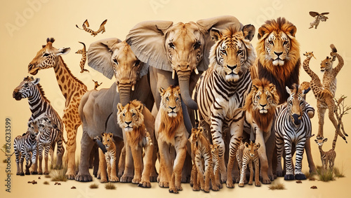 several lions, elephants, zebras, and a giraffe standing together on the savanna