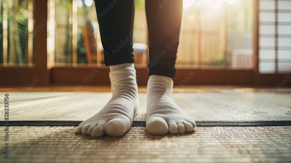 feet clad in white socks and barefoot resting on a tatami mat in a Japanese-style room, featuring a traditional wooden door and window, evoking a sense of tranquility and simplicity. feet clad in white socks and barefoot resting on a tatami mat in a Japanese-style room, featuring a traditional wooden door and window, evoking a sense of tranquility and simplicity.