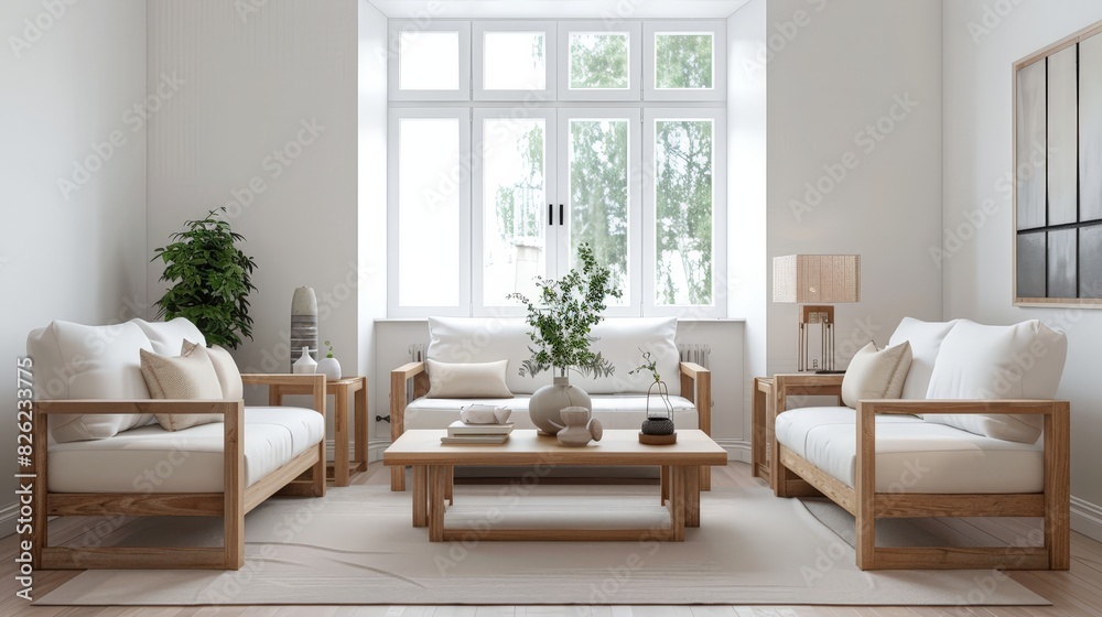 Obraz premium A living room with a white couch, a coffee table, and a potted plant