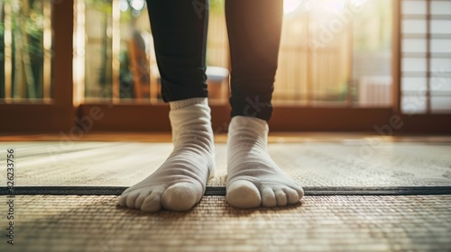 feet clad in white socks and barefoot resting on a tatami mat in a Japanese-style room, featuring a traditional wooden door and window, evoking a sense of tranquility and simplicity.