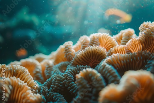 Closeup of colorful coral formations with marine life in a tranquil underwater seascape