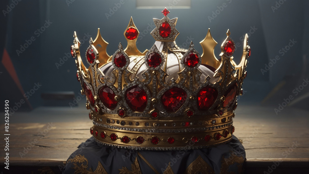 gold crown with red and white jewels on a dark background