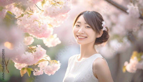 ピンクの花の近くに顔を寄せた、若い女性のクローズアップ写真。 © kyon