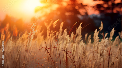 Grasses as the sun sets in the sky sunset nature photography on blurred background 