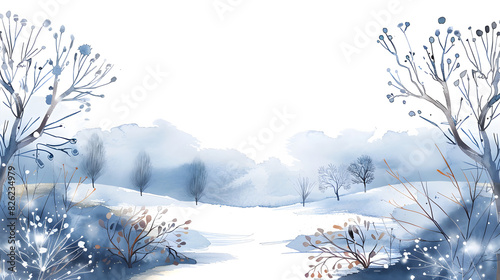 Watercolour illustration of late winter on white background, empty space in the center