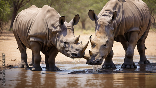 adult and one baby rhinoceros standing in a pool of water photo