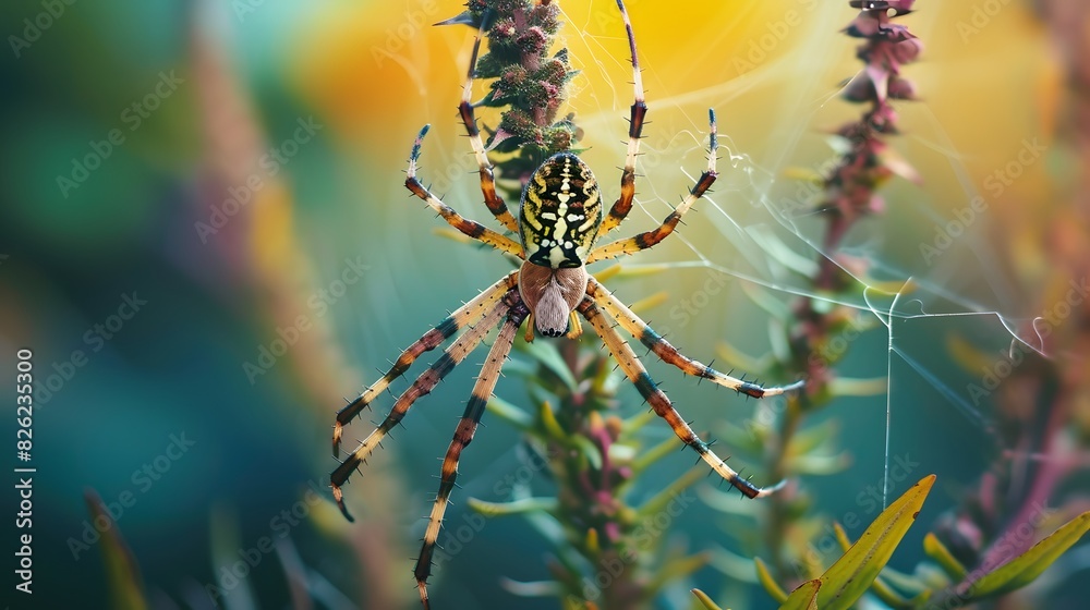 European garden spider on a green leaf