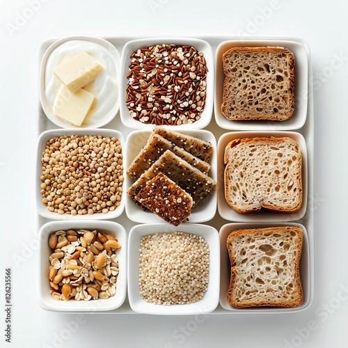 Various types of bread and grains.