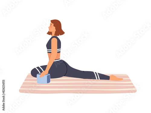 Young woman in sportswear stretching in yoga asana, seated pose. Girl training, does sport exercises in workout. Person care about body health. Flat isolated vector illustration on white background.