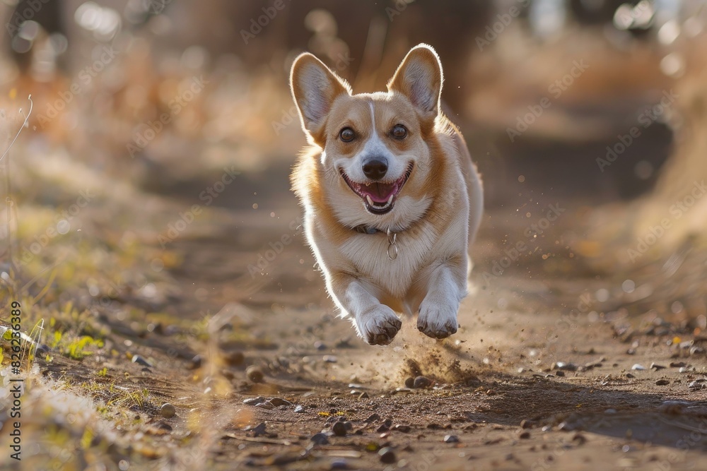 Purebred pembroke welsh corgi. A small and fluffy dog. Joyfully running and jumping outdoors in the park. Enjoying the sunlight and freedom