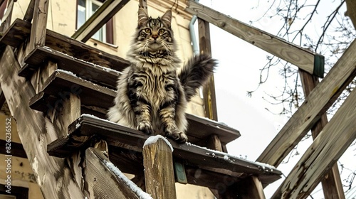   A feline perched atop a timbered balcony, overlooking a structure amidst winter's icy landscape photo