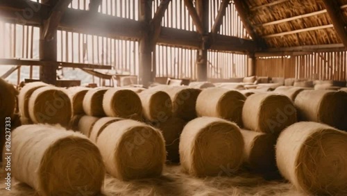 Hay Bales Stacked in a Rustic Barn Interior,blury view photo