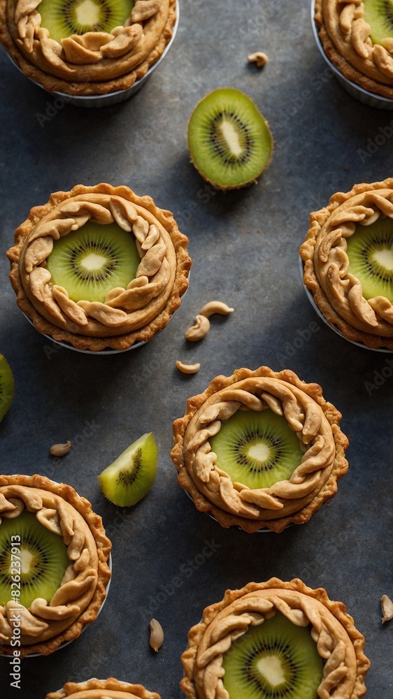 Image displays collection of six meticulously crafted tarts with peanut crust, neatly arranged on dark surface. Each tart topped with layer of thinly sliced kiwi fruits, creating eye-catching pattern. Image displays collection of six meticulously crafted tarts with peanut crust, neatly arranged on dark surface. Each tart topped with layer of thinly sliced kiwi fruits, creating eye-catching pattern.
