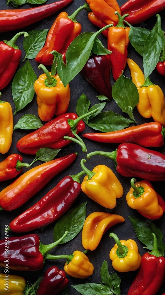 Collection of vibrant red, yellow bell peppers, along with darker red chili peppers, scattered across dark background. This creates striking contrast. Bell peppers vary in size, shape. Collection of vibrant red, yellow bell peppers, along with darker red chili peppers, scattered across dark background. This creates striking contrast. Bell peppers vary in size, shape.