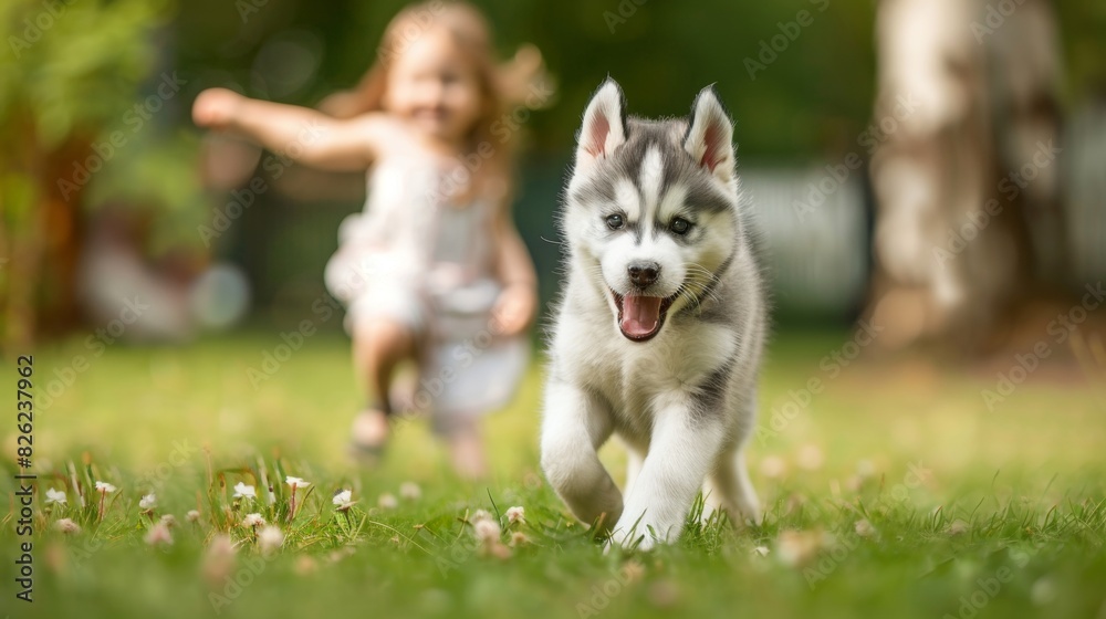 Portrait of a Husky dog running with a little girl on lawn in outdoor park
