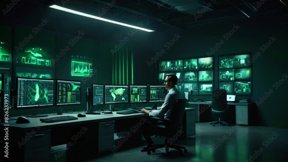 Security control room operator at work, Security System Operator Viewing CCTV Footage