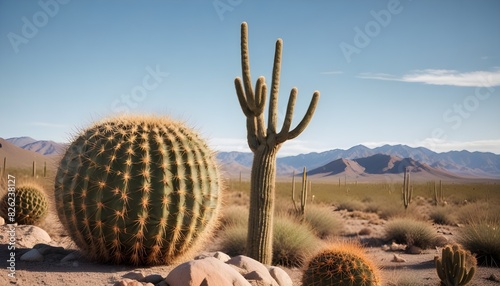 A short barrel cactus in a desert landscape with mountains in the background photo