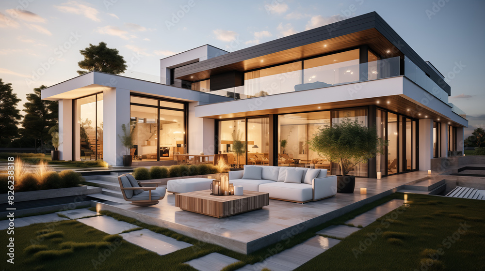 Modern house with a terrace and outdoor seating area, a white sofa on the lawn in front of it, and a contemporary villa design with large windows and glass walls. Modern house with a terrace and outdoor seating area, a white sofa on the lawn in front of it, and a contemporary villa design with large windows and glass walls.