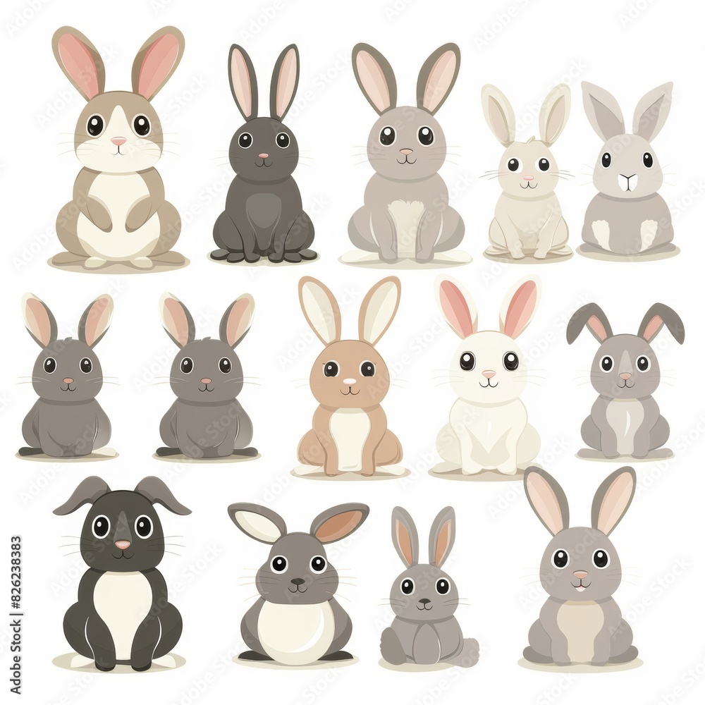 Collection of rabbit with different poses on white background.