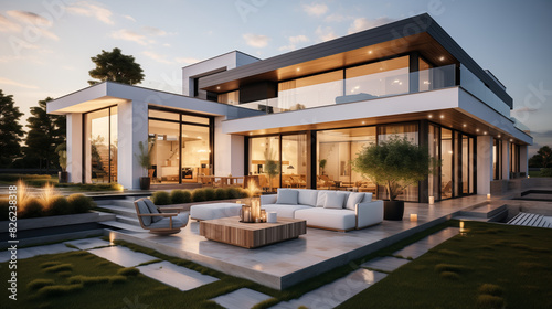 Modern house with a terrace and outdoor seating area  a white sofa on the lawn in front of it  and a contemporary villa design with large windows and glass walls.