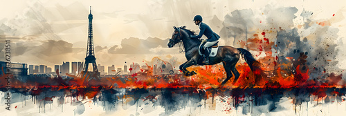 Watercolor illustration of a horseback rider in action against a Paris skyline, symbolizing the Olympic Games and equestrian sports photo
