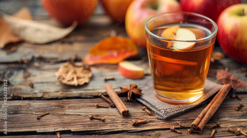 Apple Cider Focus on a glass of apple cider with cinnamon sticks with a rustic table background, afternoon light, empty space left for text Apple Cider Focus on a glass of apple cider with cinnamon sticks with a rustic table background, afternoon light, empty space left for text