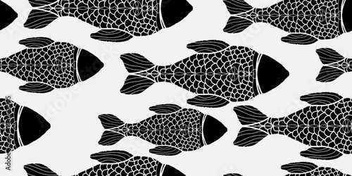 Fish. Stylized linocut texture. Textured print. Vector overlapping seamless pattern