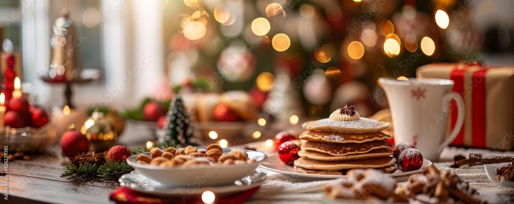 Christmas Breakfast Focus on a festive breakfast spread with pancakes and hot cocoa with a kitchen background, morning light, empty space center for text Christmas Christmas Breakfast Focus on a festive breakfast spread with pancakes and hot cocoa with a kitchen background, morning light, empty space center for text Christmas