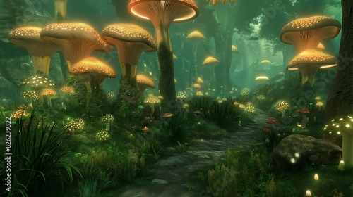 A 3D-rendered fantasy forest with towering mushrooms, glowing plants, and a serene path leading through the mystical landscape 32k, full ultra hd, high resolution