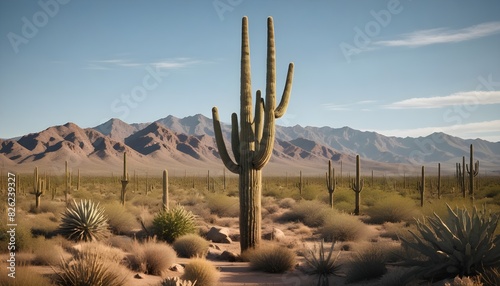 A tall saguaro cactus in a desert landscape with mountains in the background