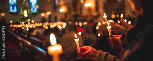 Christmas Eve Service Focus on people holding candles at a Christmas Eve service with a church background, evening light, empty space left for text Christmas