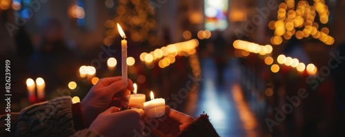 Christmas Eve Service Focus on people holding candles at a Christmas Eve service with a church background, evening light, empty space left for text Christmas