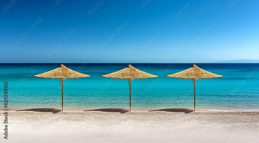 beach with umbrellas, straw parasols on pristine beach with turquoise water and blue sky, summer, vacation, travel, tourism beach with umbrellas, straw parasols on pristine beach with turquoise water and blue sky, summer, vacation, travel, tourism