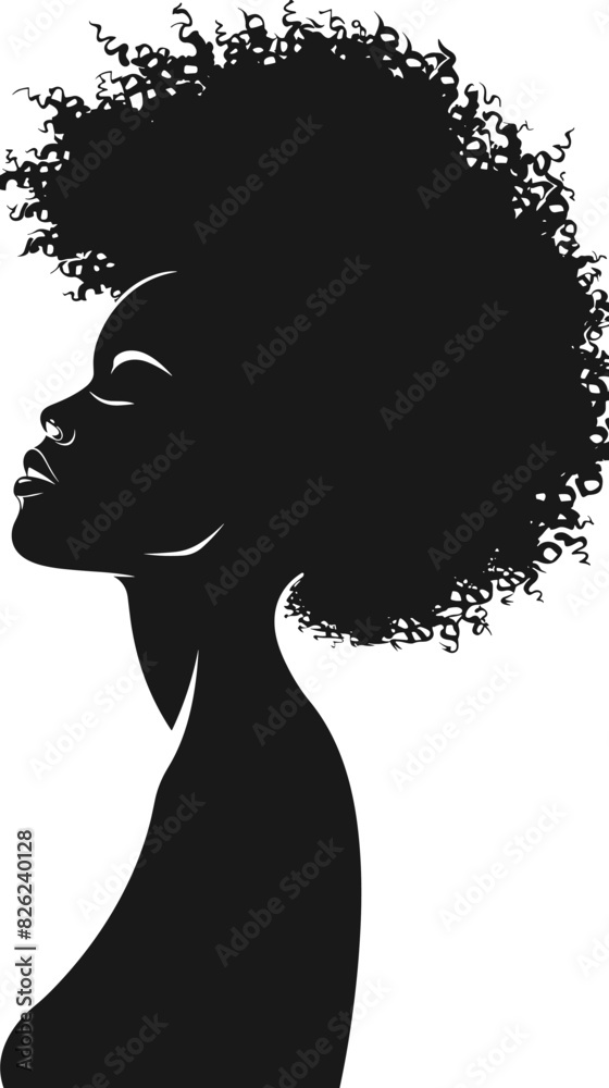 Elegant black and white silhouette of young African woman with afro hairstyle, perfect for print and logo designs