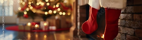 Christmas Stockings Focus on Christmas stockings hanging by the fireplace with a cozy living room background, evening light, empty space center for text Christmas