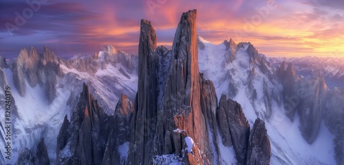 A dramatic view of a towering mountain peak with jagged cliffs and snow-covered ridges, under a vibrant sunset sky 32k, full ultra hd, high resolution photo