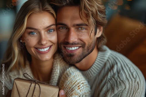 A cozy indoor shot of a handsome man with a young woman holding a gift, representing affection and celebration photo