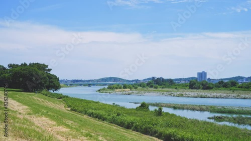 晴天の初夏の多摩川の風景　多摩水道橋　調布市側から狛江市側を撮影