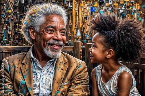 A painting with portraits an old African-American face man lovely smiling with his daughter . A lot of paint splatters. In style of neo-expressionism art. Concept for father day