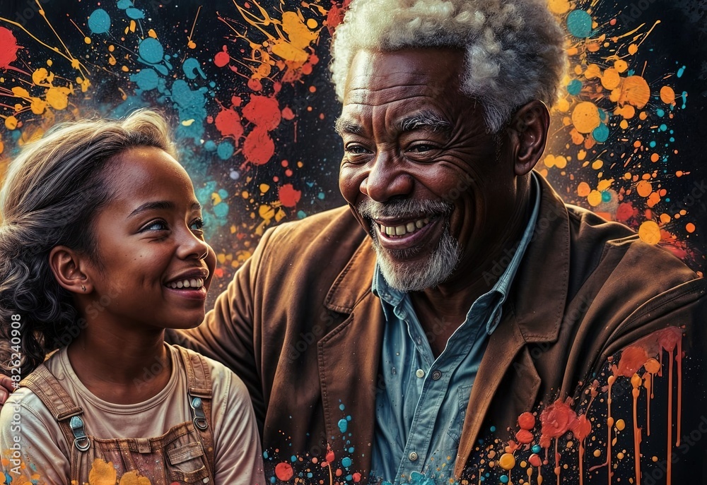 A painting with portraits an old African-American face man lovely smiling with his daughter . A lot of paint splatters. In style of neo-expressionism art. Concept for father day A painting with portraits an old African-American face man lovely smiling with his daughter . A lot of paint splatters. In style of neo-expressionism art. Concept for father day