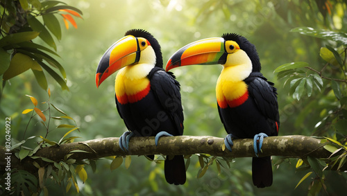 toucans are sitting on a branch in a rainforest