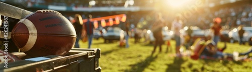 Football Tailgate Focus on fans tailgating with a stadium parking lot background, midday light, empty space left for text Christmas