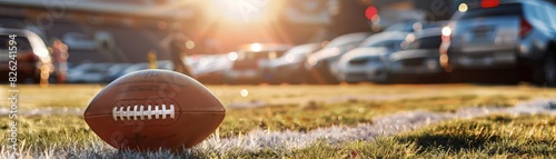 Football Tailgate Focus on fans tailgating with a stadium parking lot background, midday light, empty space left for text