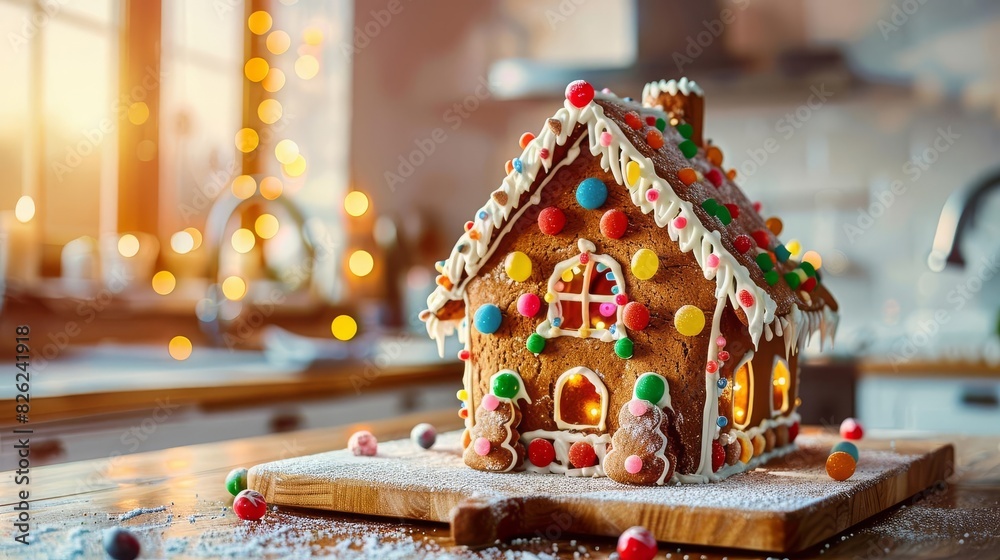 Gingerbread House Focus on a decorated gingerbread house with candy details with a kitchen background, warm indoor light, empty space center for text Christmas Gingerbread House Focus on a decorated gingerbread house with candy details with a kitchen background, warm indoor light, empty space center for text Christmas