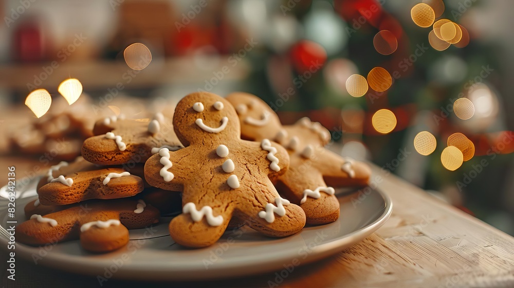 Gingerbread Men Focus on gingerbread men cookies on a plate with a festive kitchen background, warm indoor light, empty space right for text Christmas Gingerbread Men Focus on gingerbread men cookies on a plate with a festive kitchen background, warm indoor light, empty space right for text Christmas