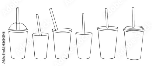 Vector illustration set of line art disposable coffee and tea paper and plastic cups